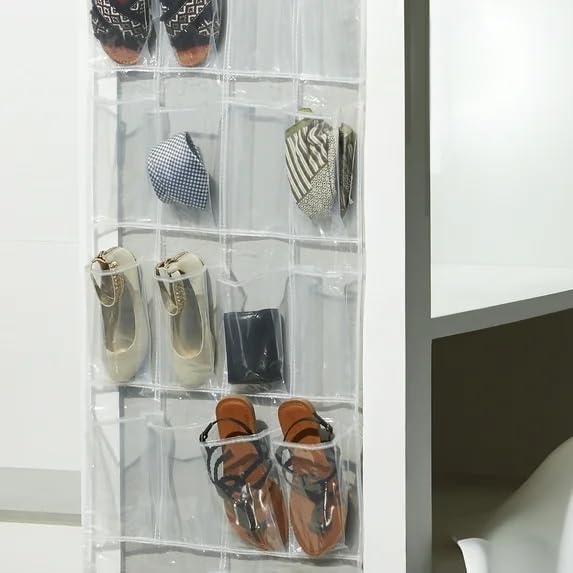 26-Pocket Over-The-Door Shoe Organizer - Clear PEVA Hanging Storage for Shoes & Accessories, Space-Saving with Metal Hooks (Fits All Doors, 24 Standard + 2 Large Pockets)