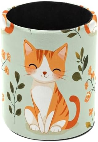 Leather Pen Holder for Desk, Lovely Cat Flowers Pencil Cup Pen Organizer Makeup Brush Holder for Office Home Kids Countertop Desk Accessory Storage by Unknown