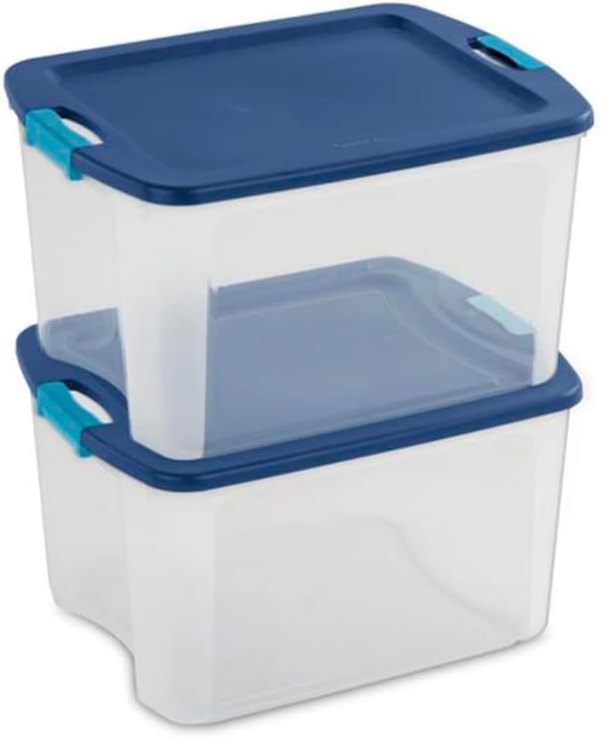 Sterilite 18 Gal Latch and Carry, Stackable Storage Bin with Latching Lid, Plastic Container to Organize Closets, Clear with Blue, 6-Pack