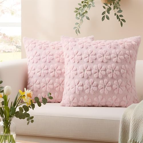 Softalker Spring Decorative Throw Pillow Covers 20 x 20 Inch Set of 2, Farmhouse Summer Floral Daisy Soft Faux Fur Cushion Covers, 3D Pillow Cases for Couch Bedroom Living Sofa Room Home Decor, Pink - Image 6