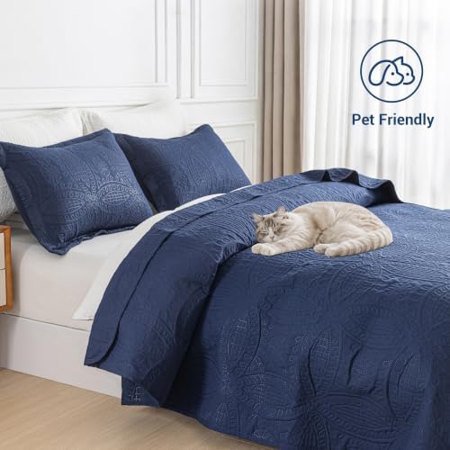 SheRest Queen Quilt Bedding Set - Soft Breathable Bed Quilts, Modern Style Embossed Bedspreads, Lightweight Microfiber Reversible Coverlet for All Seasons, Navy Blue, 3 pieces (1 Quilt,2 Pillow Shams) - Image 2