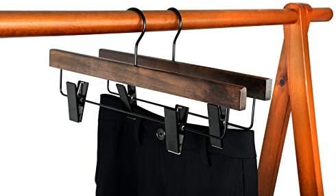 TOPIA HANGER Pants Hangers, Wooden Skirt Hangers with Adjustable Metal Clips, Premium Retro Finish and 360° Swivel Black Hook, Jean Hangers for Closet,10 Pack, CT03A