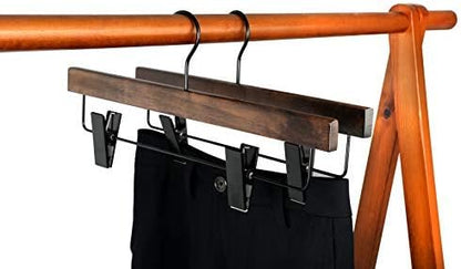 TOPIA HANGER Pants Hangers, Wooden Skirt Hangers with Adjustable Metal Clips, Premium Retro Finish and 360° Swivel Black Hook, Jean Hangers for Closet,10 Pack, CT03A