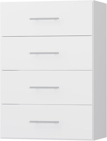 4 Drawer Short Tower, Modular Wood Closet System Organizer with Storage, Clothing Rack for Hanging Clothes, White, 25.5"W
