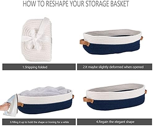 Set of 2 Toilet Basket,Woven Storage Basket for Toilet Tank Top Farmhouse Home Decor Organizing Baskets 13"x5.9"x4" Navy Stitching White - Image 7