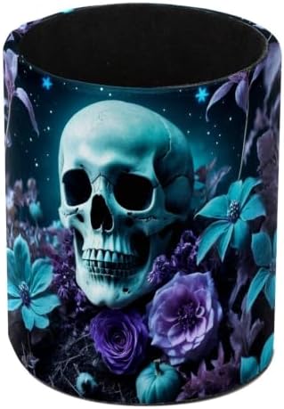 Leather Pen Holder for Desk, Floral Skull Pencil Cup Pen Organizer Makeup Brush Holder for Office Home Kids Countertop Desk Accessory Storage by Unknown