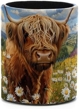 Large Capacity Colored Pen Holder for Desk,Highland Cow Daisies Leathe Pencil Holder Makeup Brush Holders, Desk Accessories & Workspace Organizers for Home, School & Office by LWSHUNYI