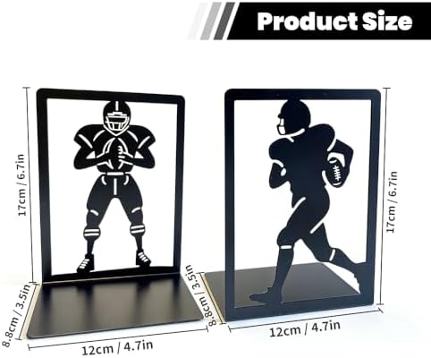 Metal Decorative Bookends Set, Spider Web & Football Player Silhouette, Sturdy Non-Slip Book Holders for Shelves, Black (Sports Football - 1 Pair (2 Pcs)) - Image 2