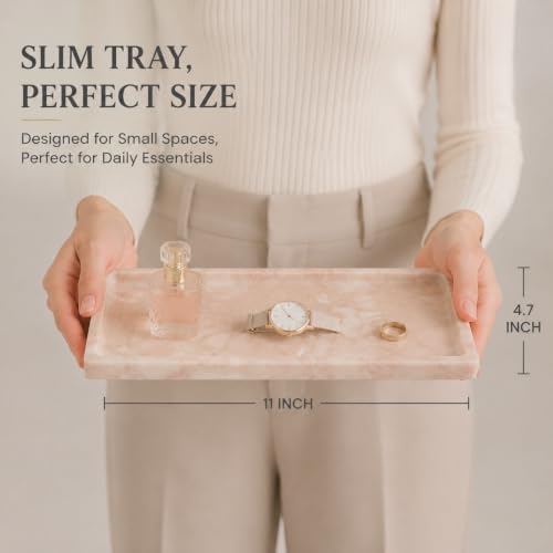 Pink Marble Tray for Vanity, Slim Natural Stone Decorative Tray for Bathroom, Perfume Organizer, Jewelry Dish, Kitchen & Entryway Countertop Decor, Small Rectangle Tray - Image 3