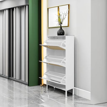 ZeHuoGe Rattan Shoe Cabinet with 3 Flip Drawers, Narrow Hidden Shoe Rack Storage Cabinet for Heels,Slippers, Free Standing Shoe Rack, Entrance Hallway Entryway (White)