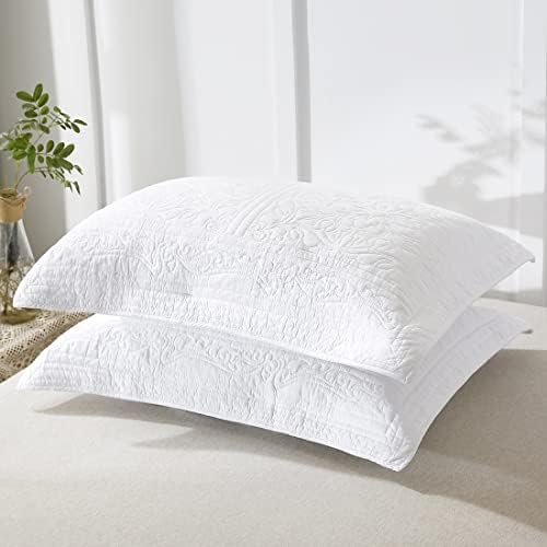 WINLIFE 100% Cotton Quilted Pillow Sham Floral Printed Pillow Cover White - Image 2