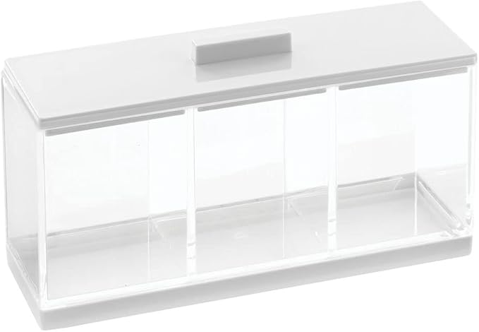 mDesign Cosmetic Divided Organizer Storage Canister Box with 3 Sections and Lid for Bathroom Vanity Countertop - Holder for Cotton Swabs, Perfume, Lipstick - Lumiere Collection - Clear/White