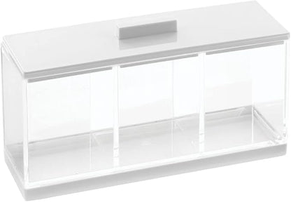 mDesign Cosmetic Divided Organizer Storage Canister Box with 3 Sections and Lid for Bathroom Vanity Countertop - Holder for Cotton Swabs, Perfume, Lipstick - Lumiere Collection - Clear/White