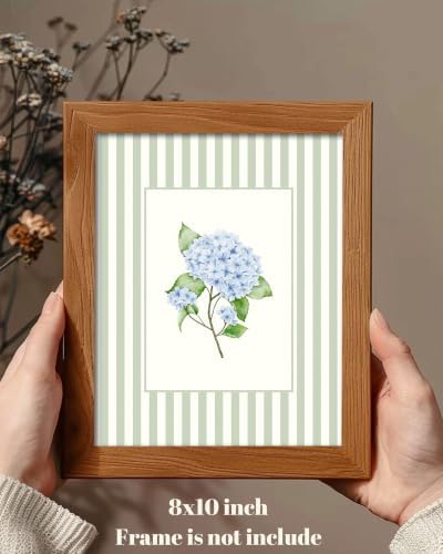 ZBJLLK Blue Hydrangea Stem Watercolor Canvas Wall Art, Single Stem Floral Print, French Country Farmhouse Sage Green Stripe Delicate Botanical Artwork for Living Room Bedroom Bathroom Home Decor, 8x10 Inch Unframed - Image 2