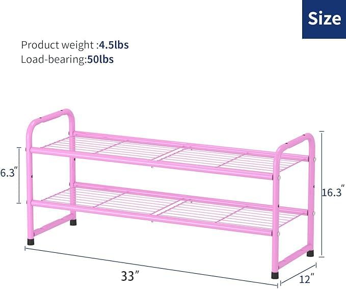 SUFAUY 2 Tier 33" Wide Shoe Rack, Closet Metal Wire, Stackable, Pink