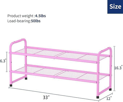 SUFAUY 2 Tier 33" Wide Shoe Rack, Closet Metal Wire, Stackable, Pink