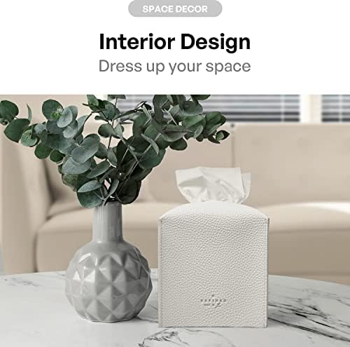Carrotez Tissue Box Cover, Refined Modern PU Leather Square Holder - Decorative Holder/Organizer for Bathroom Vanity Countertop, Night Stands, Office Desk & Car 5"X5"X5" White (Pack of 3) - Image 4