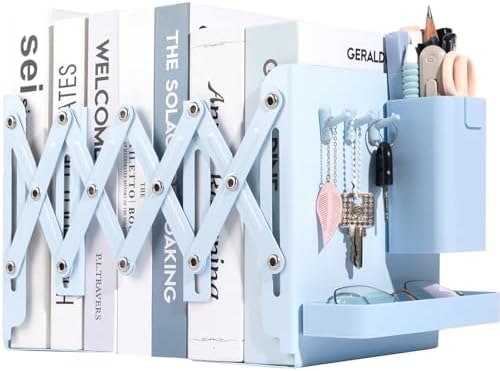 Adjustable Bookends, 19" Metal Book Ends for Heavy Books, 2 Dividers Bookends with Removable Pen Holder, Tray, and 3 Hook-up, Book Organizer for Office, School, Bookstore, Home by ALKALO