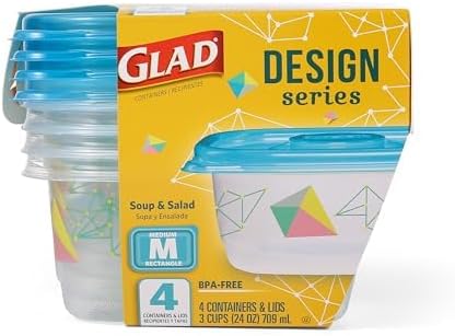 Glad GladWare Design Series Food Storage Containers with Lids, Medium Rectangle BPA Free Plastic for Meal Prep and Lunches, Tight Seal, Microwave and Dishwasher Safe, 24 Oz, 4 Count - 6 Pack