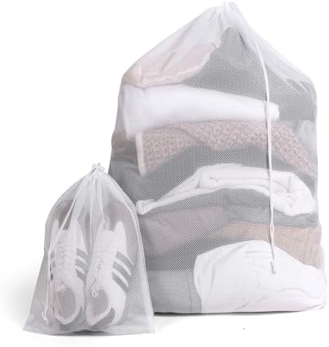 2 Pack Mesh Laundry Bags - Large & Small Heavy Duty Mesh Laundry Bag with Drawstring, Wash Bags for Travel, College, Dorms, Sports, Family, White by Unknown