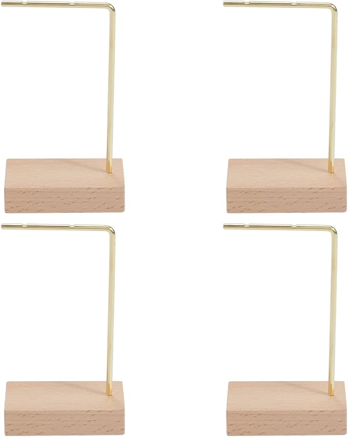 SUNNYCLUE 4pcs L Bar Earring Stand Brass Jewelry Stand Gold Brass Metal Ear Stud Earring Holders Hanger Display Organizer Shelf with Wood Base for Jewelry Bedroom Entryway Display Home Decorations