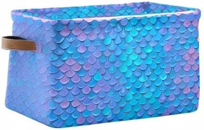 Blue Mermaid Scale Storage Baskets,Decorative Collapsible Rectangular Canvas Fabric Storage Bin for Home