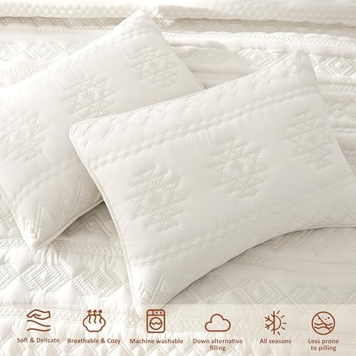 WDCOZY Boho Ivory Quilts Queen Size Bedding Sets with 2 Pillow Shams, Cream White Farmhouse Lightweight Soft Bedspread Coverlet for All Season, 3 Pieces, 90x90 inches - Image 4