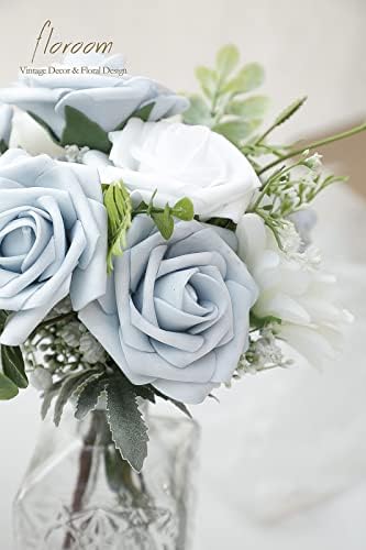Floroom Artificial Flowers 50pcs Real Looking Powder Blue Foam Fake Roses with Stems for DIY Wedding Bouquets Bridal Shower Centerpieces Floral Arrangements Party Tables Home Decorations - Image 4