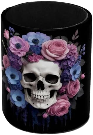 Leather Pen Holder for Desk, Rose Skeletons Pencil Cup Pen Organizer Makeup Brush Holder for Office Home Kids Countertop Desk Accessory Storage by Unknown