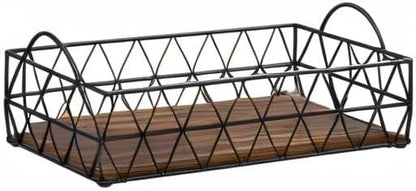 MyGift 16 Inch Deluxe Black Metal Toilet Tank Tray with Geometric Wire Design and Burnt Wood Base, Bathroom Vanity Toiletry Storage Organizer Tray with Handles