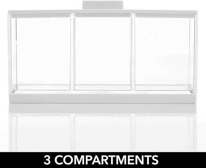 mDesign Cosmetic Divided Organizer Storage Canister Box with 3 Sections and Lid for Bathroom Vanity Countertop - Holder for Cotton Swabs, Perfume, Lipstick - Lumiere Collection - Clear/White