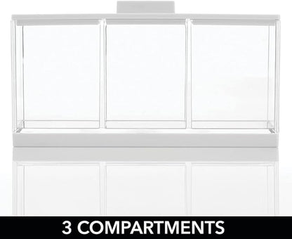 mDesign Cosmetic Divided Organizer Storage Canister Box with 3 Sections and Lid for Bathroom Vanity Countertop - Holder for Cotton Swabs, Perfume, Lipstick - Lumiere Collection - Clear/White
