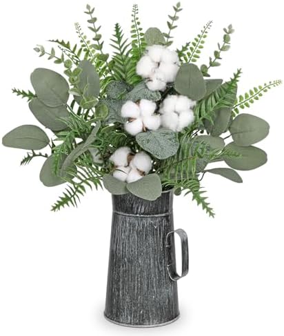 Hollyone Artificial Eucalyptus Plant in Rustic Metal Vase 18" Fake Plants Eucalyptus Leaves with Cotton Stems Faux Greenery Arrangement Potted for Farmhouse Kitchen Office Shelf Home Indoor Decor by Hollyone