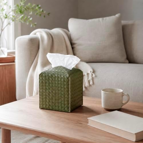 Tissue Box Cover Square Leather Facial Paper Holder, Olive Green - Image 2
