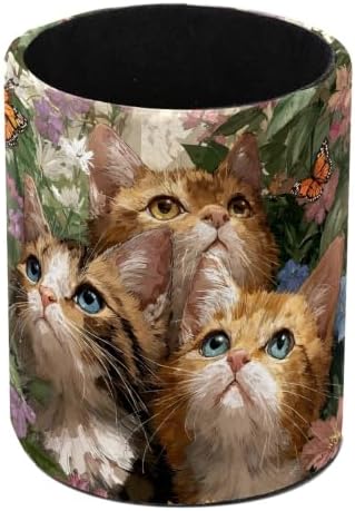 Leather Pen Holder for Desk, Floral Cat Pencil Cup Pen Organizer Makeup Brush Holder for Office Home Kids Countertop Desk Accessory Storage by Unknown
