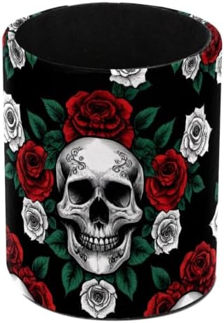 Leather Pen Holder for Desk, Vintage Skull Rose Pencil Cup Pen Organizer Makeup Brush Holder for Office Home Kids Countertop Desk Accessory Storage by Unknown