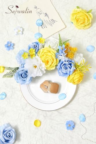 Serwalin Artificial Blue & Yellow Flowers, Silk Fake Flowers for Wedding - Image 5