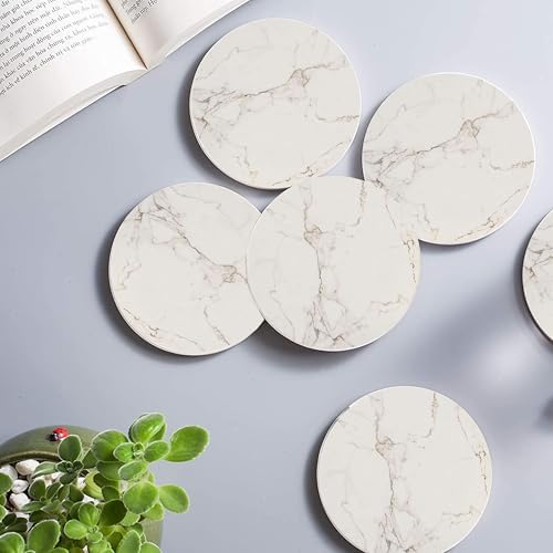 4inch Round White Marble Coaster with Gold Storage Rack 6pcs - Image 4