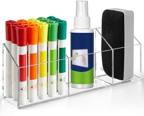 Magnetic Dry Erase Marker Holder with 3 Compartments, Clear Acrylic Whiteboard Pen Holder for Refrigerator, Heavy Duty Magnetic Pencil Cup for Locker, Classroom and Office Organization (Clear) by AFOROEOA