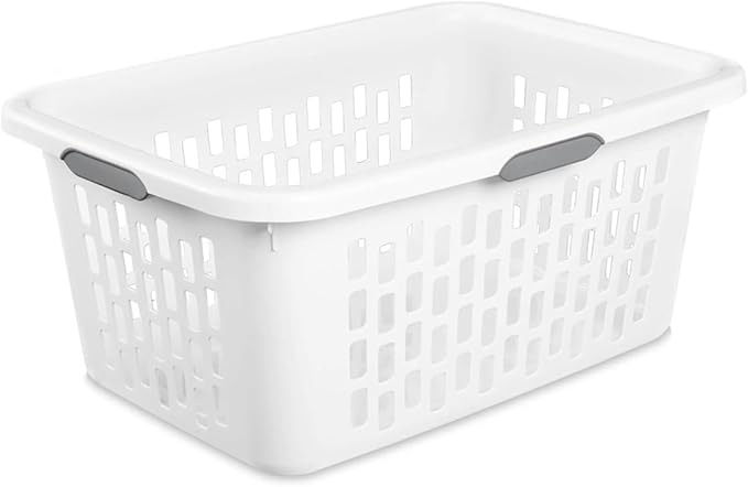 Large Plastic Laundry Basket, Clothes Hamper, Rectangle Bin with Grip Handles, for Home, Dorm, and Apartments, White, 2 Bushel Capacity