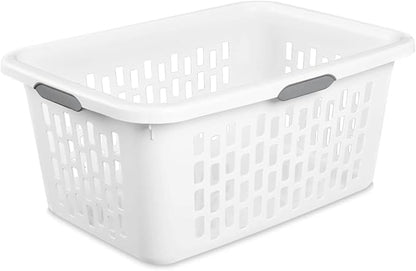 Large Plastic Laundry Basket, Clothes Hamper, Rectangle Bin with Grip Handles, for Home, Dorm, and Apartments, White, 2 Bushel Capacity