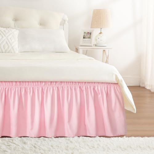 RIMELA Pink Bed Skirt Queen Size 18 Inch Drop, Elastic Bed Skirting for Bed Base and Frame, Bedding Dust Ruffle Easy to Install, Lightweight Wrap Around Adjustable Bedskirt by RIMELABedSkirt