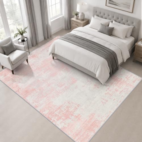Area Rug Living Room: 6x6 Modern Washable Soft Carpet Pink White - Image 3