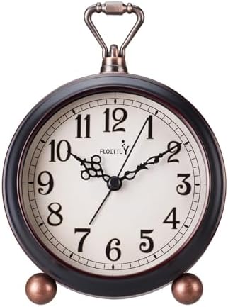 FLOITTUY 4.5" Battery Operated Antique Retro Analog Metal Alarm Clock, Silent Bedside Desk Clock, Wall-Hanging Vintage Clock(Vintage Black) by FLOITTUY
