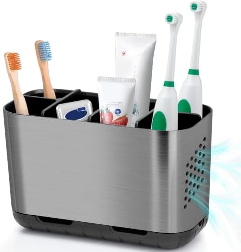 Boperzi Toothbrush and Toothpaste Holder Brushed Nickel Drainage for Bathroom Vanity, Large Electric Toothbrush Storage Caddy Anti-Slip Rustic with Adjustable Dividers for Family, Kids by Boperzi