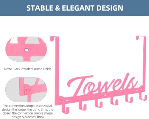 Azmoncy Over The Door Hooks, Towel Rack for Bathroom Door Rack for Hanging Heavy Duty, Door Hanger with 6 Hooks for Bedroom Bathroom Kitchen Bag, Coats, Hats(Pink) - Image 4