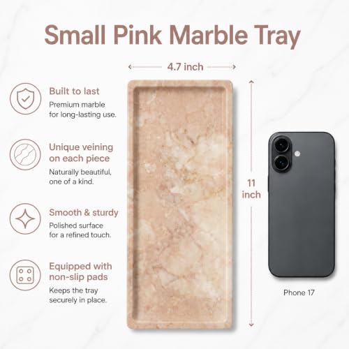 Pink Marble Tray for Vanity, Slim Natural Stone Decorative Tray for Bathroom, Perfume Organizer, Jewelry Dish, Kitchen & Entryway Countertop Decor, Small Rectangle Tray - Image 2