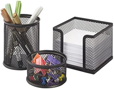 Kraf Metal Mesh Pen Holder Desk Organizers, Trio Set, Pencil Holder, Paper Clip Holder, Memo Pad Holder (Black) (470G) by Kraf