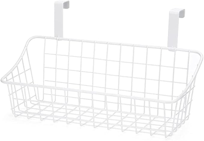 Basket with Hook Grid Storage Basket, Hang It Behind a Door or on a Railing, Over The Cabinet Door, White