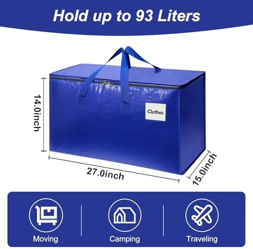 6 Pack Extra Large Heavy Duty Moving Bags with Reinforced Zippers & Wide Carry Handles, Durable Storage Totes for Clothes Packing, Dorm Moves & Home Organization, Blue - Image 2